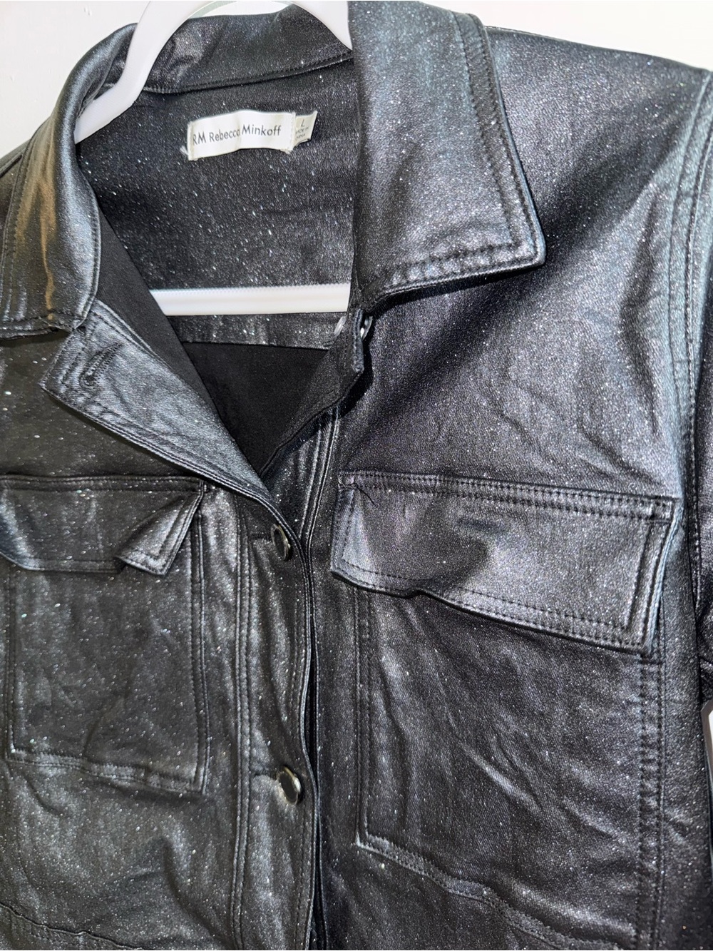 RM Rebecca Minkoff Shimmer Metallic Black Denim Style Jacket Sparkle Coated L - Picture 2 of 7